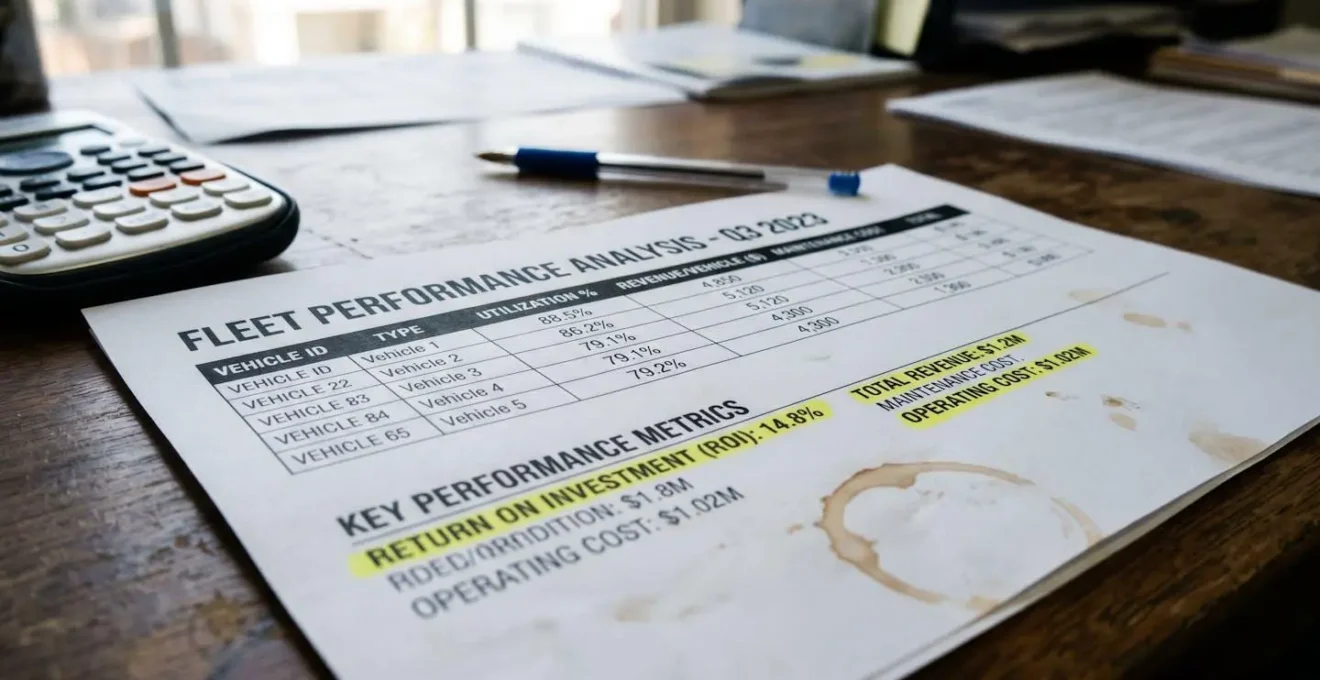 Close-up of printed fleet performance report showing utilization percentages and ROI metrics on desk